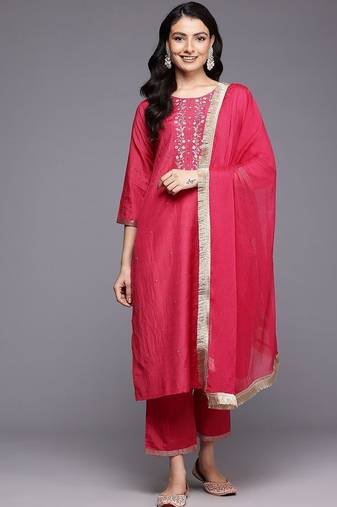 Women Ethnic Motifs Yoke Design Thread Work Kurta with Trousers & Dupatta