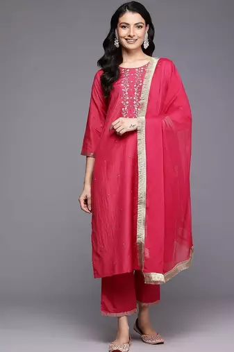 Women Ethnic Motifs Yoke Design Thread Work Kurta with Trousers & Dupatta