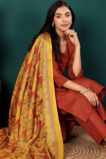 V-Neck Straight Kurta With Trousers And Dupatta