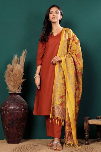 V-Neck Straight Kurta With Trousers And Dupatta