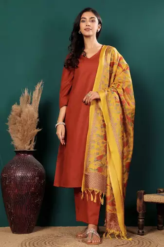 V-Neck Straight Kurta With Trousers And Dupatta