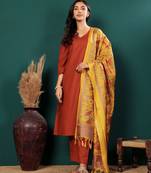 V-Neck Straight Kurta With Trousers And Dupatta