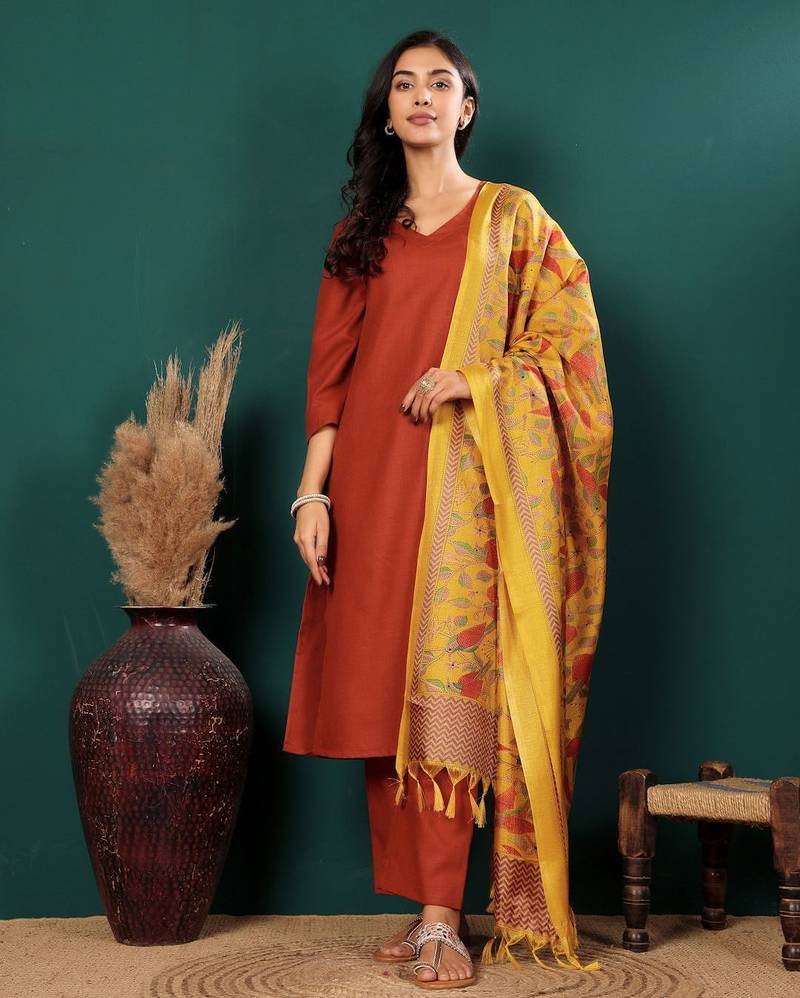 V-Neck Straight Kurta With Trousers And Dupatta