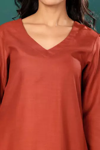 V-Neck Straight Kurta With Trousers And Dupatta
