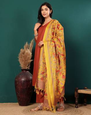 V-Neck Straight Kurta With Trousers And Dupatta 6