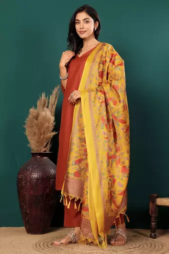 V-Neck Straight Kurta With Trousers And Dupatta