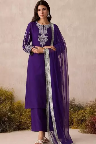 Floral Yoke Design Thread Work Kurta With Trousers & Dupatta