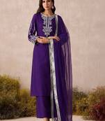 Floral Yoke Design Thread Work Kurta With Trousers & Dupatta