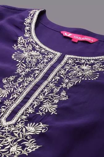 Floral Yoke Design Thread Work Kurta With Trousers & Dupatta