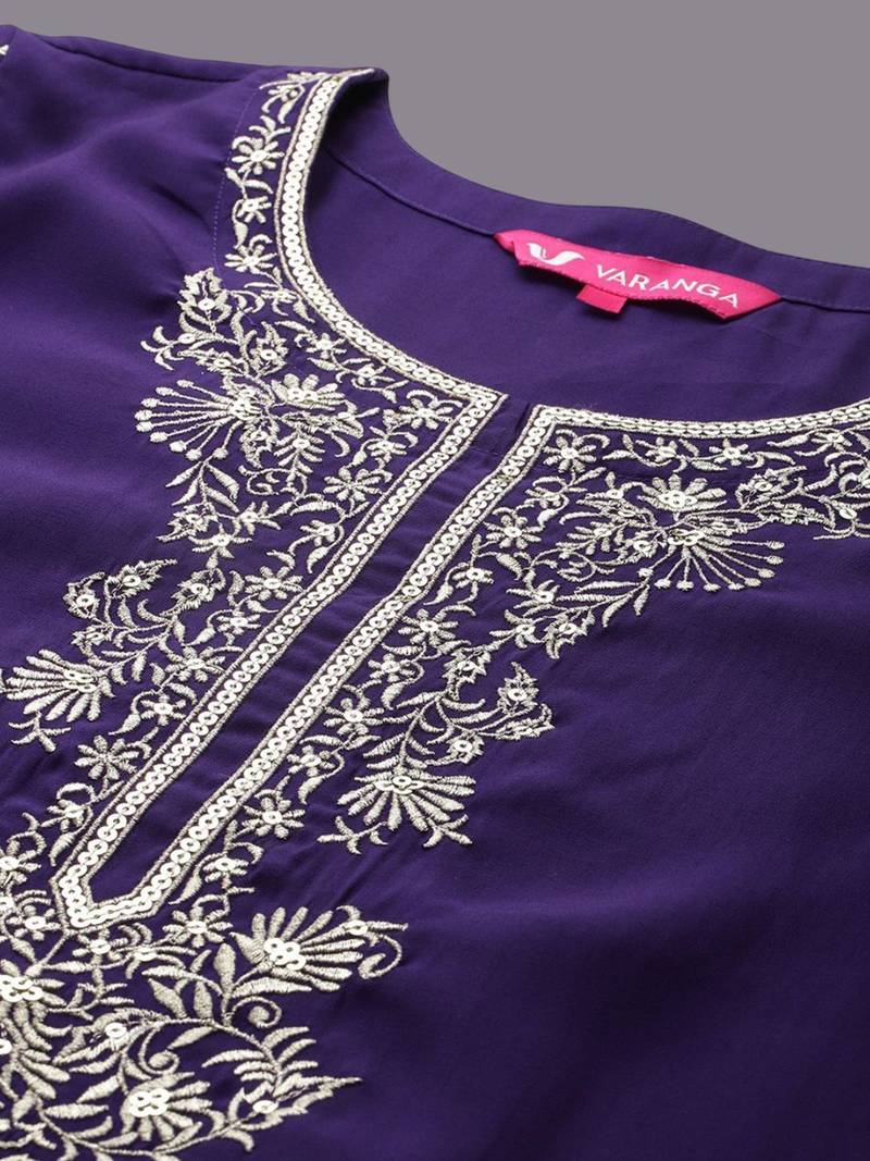 Floral Yoke Design Thread Work Kurta With Trousers & Dupatta
