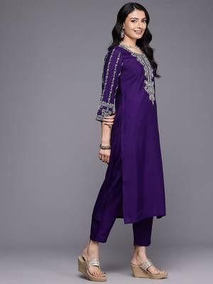 Floral Yoke Design Thread Work Kurta With Trousers & Dupatta 5