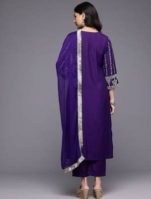 Floral Yoke Design Thread Work Kurta With Trousers & Dupatta 6