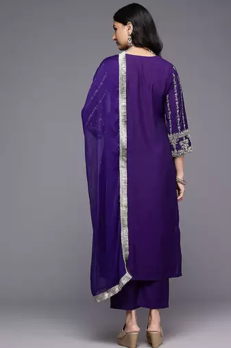 Floral Yoke Design Thread Work Kurta With Trousers & Dupatta