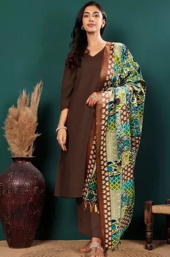 V-Neck Straight Kurta With Trousers & Dupatta
