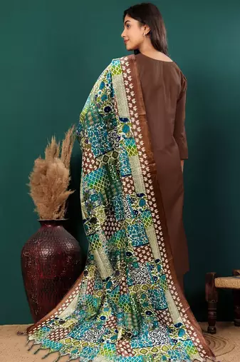 V-Neck Straight Kurta With Trousers & Dupatta