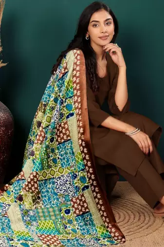 V-Neck Straight Kurta With Trousers & Dupatta