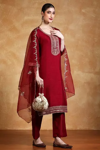 Yoke Design Zari Round Neck Straight Kurta With Trousers & Dupatta
