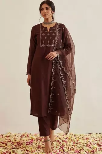 Yoke Design Zari Round Neck Straight Kurta With Trousers & Dupatta