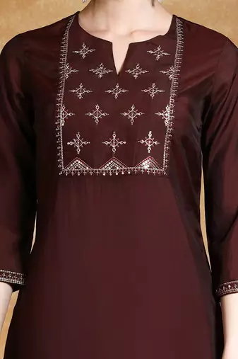 Yoke Design Zari Round Neck Straight Kurta With Trousers & Dupatta