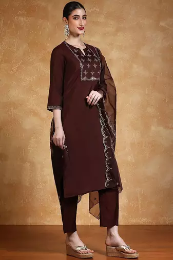 Yoke Design Zari Round Neck Straight Kurta With Trousers & Dupatta