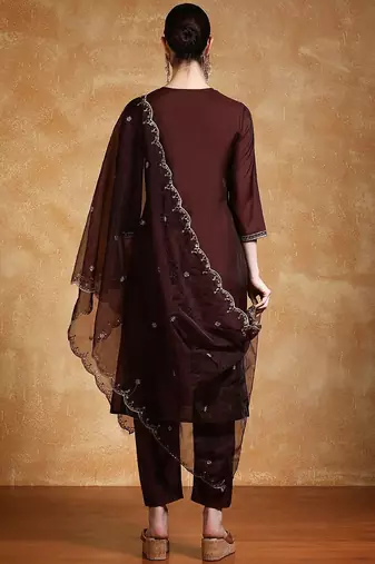 Yoke Design Zari Round Neck Straight Kurta With Trousers & Dupatta