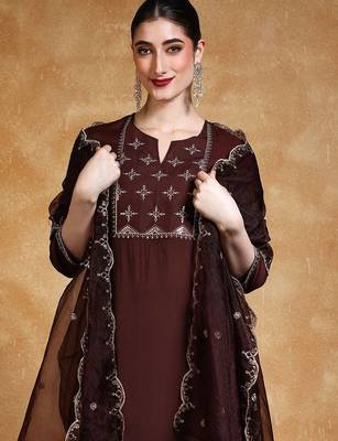 Yoke Design Zari Round Neck Straight Kurta With Trousers & Dupatta 6