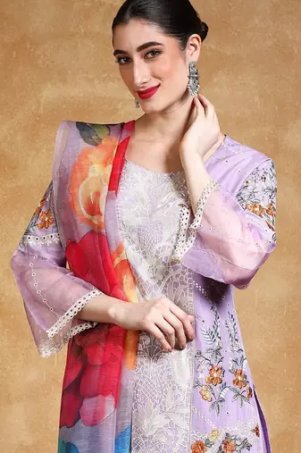 Women Floral Embroidered Cotton Kurta with Trousers & Dupatta
