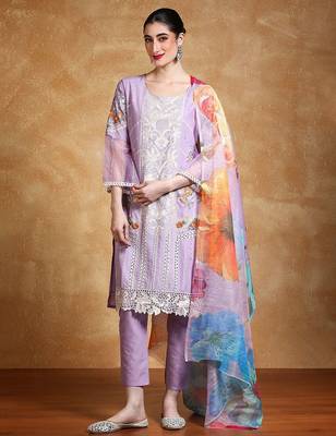 Women Floral Embroidered Cotton Kurta with Trousers & Dupatta 1