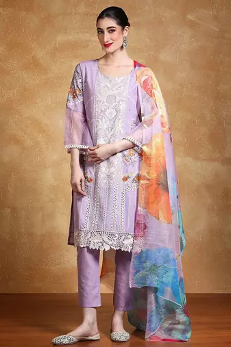Women Floral Embroidered Cotton Kurta with Trousers & Dupatta