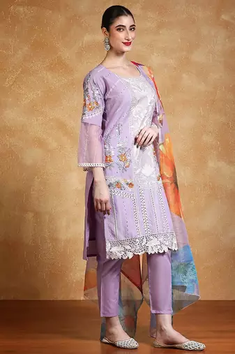 Women Floral Embroidered Cotton Kurta with Trousers & Dupatta