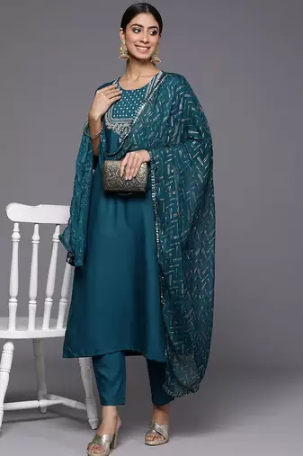 Women Ethnic Motifs Embroidered Kurta with Trousers & With Dupatta
