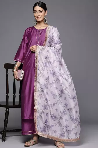 Round Neck Straight Kurta With Trousers & Dupatta