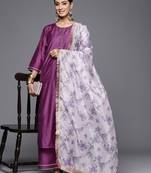 Round Neck Straight Kurta With Trousers & Dupatta