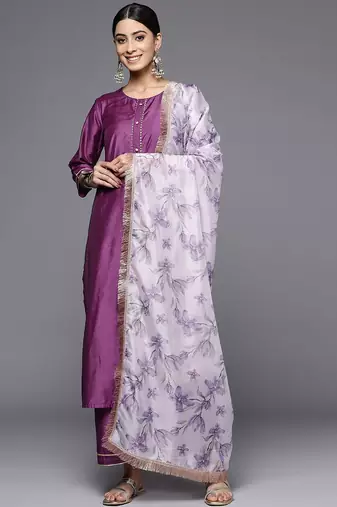 Round Neck Straight Kurta With Trousers & Dupatta