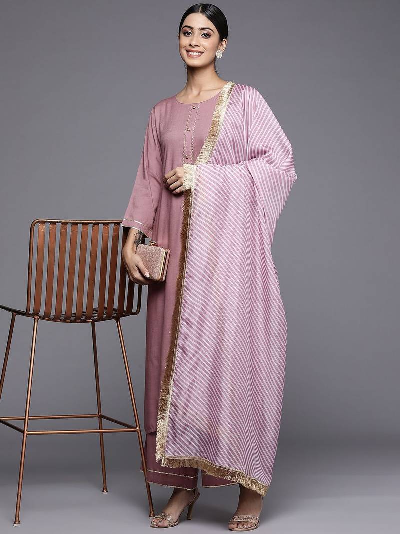 Women Solid Yoke Design Kurta with Trousers & Dupatta
