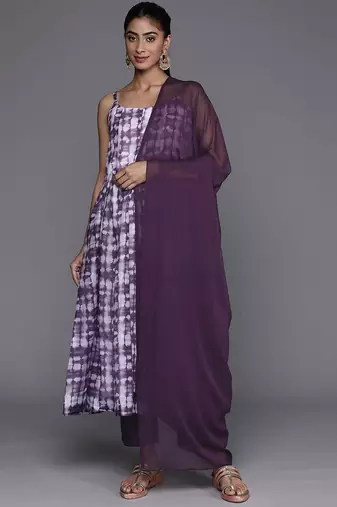 Abstract Printed Panelled Chanderi Silk A-Line Kurta With Trousers & Dupatta