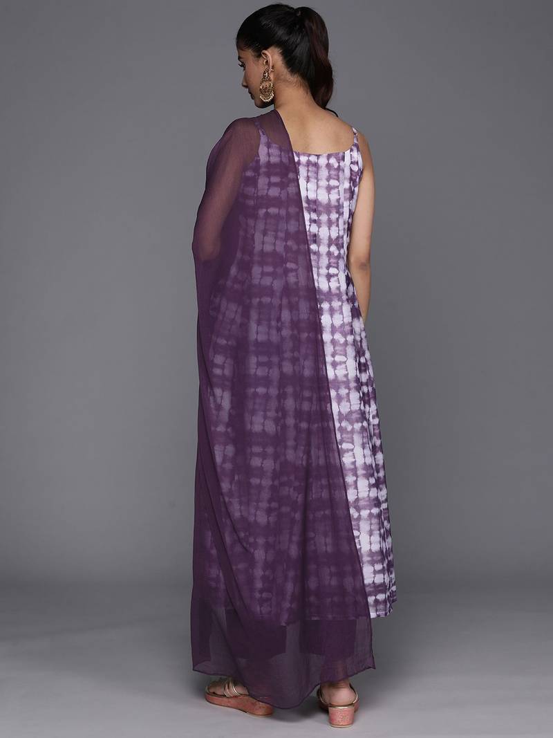 Abstract Printed Panelled Chanderi Silk A-Line Kurta With Trousers & Dupatta