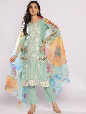 Women Floral Embroidered Cotton Straight Kurta with Trousers & Dupatta 1