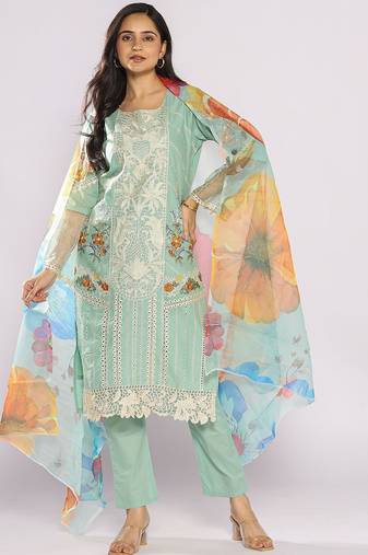 Women Floral Embroidered Cotton Straight Kurta with Trousers & Dupatta