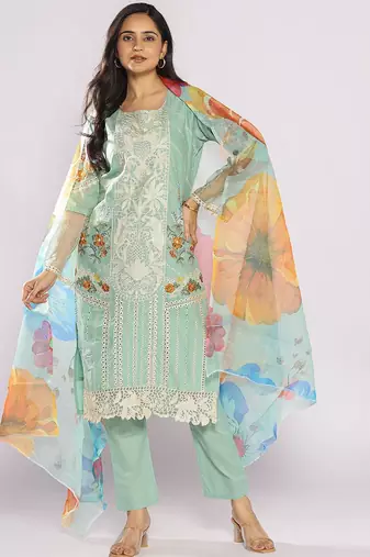 Women Floral Embroidered Cotton Straight Kurta with Trousers & Dupatta