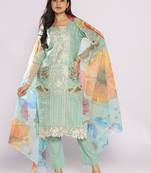 Women Floral Embroidered Cotton Straight Kurta with Trousers & Dupatta