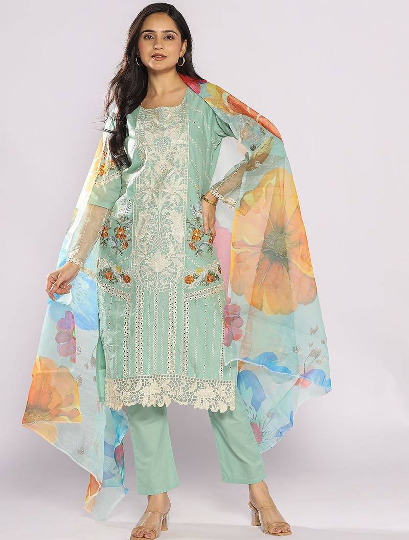 Women Floral Embroidered Cotton Straight Kurta with Trousers & Dupatta