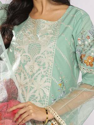 Women Floral Embroidered Cotton Straight Kurta with Trousers & Dupatta 2