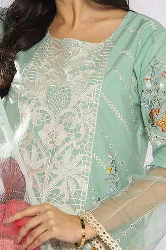 Women Floral Embroidered Cotton Straight Kurta with Trousers & Dupatta