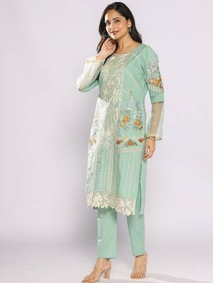Women Floral Embroidered Cotton Straight Kurta with Trousers & Dupatta 3