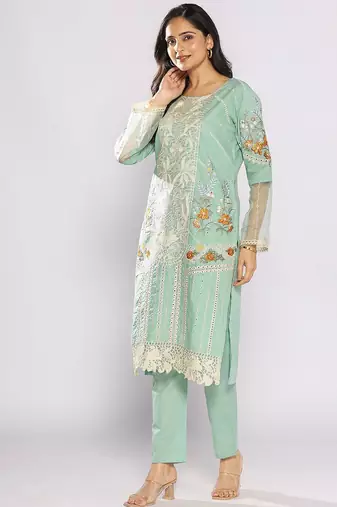 Women Floral Embroidered Cotton Straight Kurta with Trousers & Dupatta
