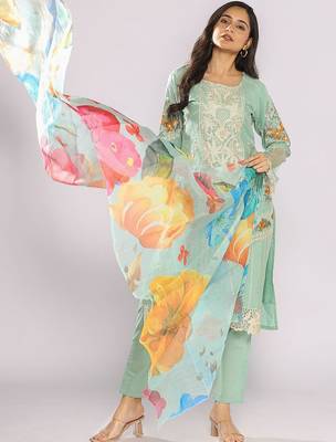 Women Floral Embroidered Cotton Straight Kurta with Trousers & Dupatta 5
