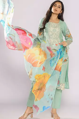 Women Floral Embroidered Cotton Straight Kurta with Trousers & Dupatta