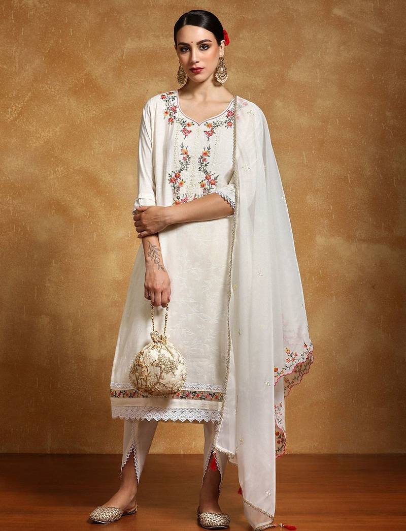 Women Floral Embroidered Regular Kurta with Dhoti Pants & With Dupatta