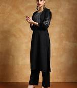 Floral Embroidered Thread Work Round Neck Straight Kurta With Trousers